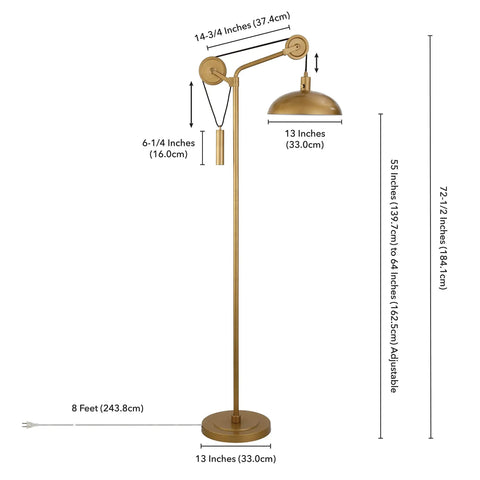 Solid Wheel Pulley Floor Lamp With Brass Dome Shade And Industrial Steel Base, 8 Foot Cord, E26 Bulb Compatible, Handcrafted Brass Finish