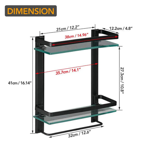 Dimensions of Heavy Duty Lavatory Glass Bathroom Shelf With Huge Storage Space Two Tier Tempered Glass Shower Shelves With Towel Bar Wall Mounted Matte Black Aluminum Finish 15 By 5 Inches, showing detailed measurements in centimeters and inches.