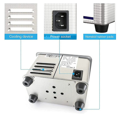 Bottom view of 0.8L Ultrasonic Jewelry Cleaner Pro Grade Machine with cooling device, power socket, and nonskid rubber pads.