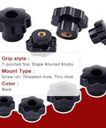 Plastic Screw On Knurled Star Knob Set For M4 M6 M8 M10 Threads Black Hand Knobs displayed with 7-pointed star shape