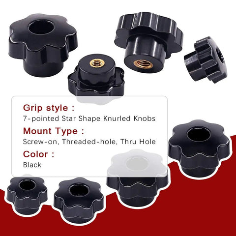 Plastic Screw On Knurled Star Knob Set For M4 M6 M8 M10 Threads Black Hand Knobs displayed with 7-pointed star shape