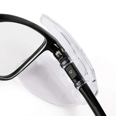 Close-up of glasses with transparent slip-on TPU side shields showing installation. 10 Pack Slip On Eye Glasses Side Shields For Safety Glasses