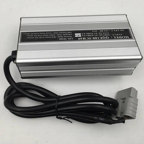 For QQE180-5CH49 Smart Charger 12V 15A for Semi Electric Stacker and Forklift Battery Charging, silver aluminum housing with plug.