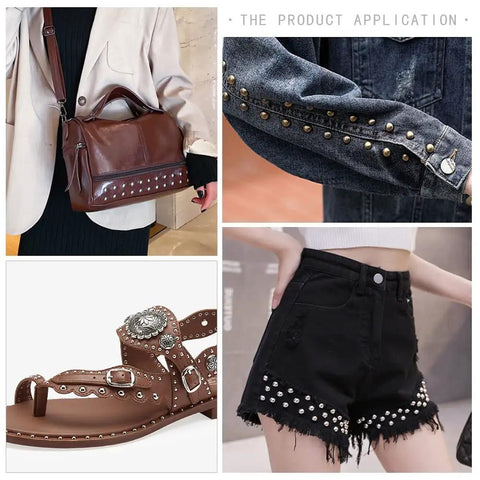 Clothing and accessories decorated with 400 Set Double Cap Leather Rivets 5mm Tubular Metal Studs with 3 Piece Setting Tools Kit, 4 Colors for Fabric and Leather Craft Repair and Decoration, Ideal for Garment Bags Belts and DIY Projects for Handy Makers