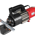 Power Cordless Rebar Cutter With Pure Copper Electric Motor For Fast Hydraulic Steel Rod Shearing Handheld Portable Plier Tool showing cutting head and steel bar.