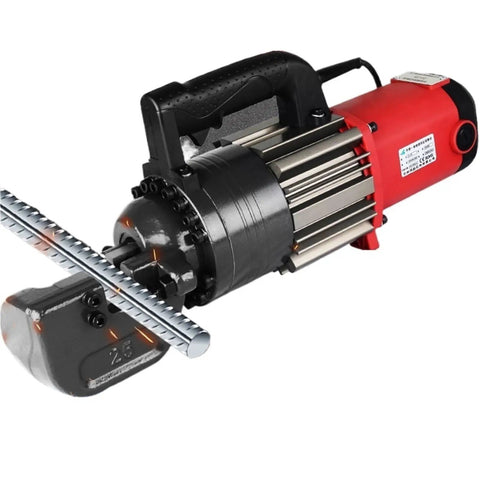 Power Cordless Rebar Cutter With Pure Copper Electric Motor For Fast Hydraulic Steel Rod Shearing Handheld Portable Plier Tool showing cutting head and steel bar.