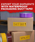 Packaging boxes sealed with various colored duct tape rolls, including teal, highlighting the Duct Tape Teal Blue Industrial Grade Heavy Duty Tough As Nails 2 Inch By 60 Feet Waterproof And UV Resistant For Crafts And Home Improvement Repairs And Projects For Everyday Use And All Projects.