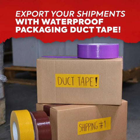 Packaging boxes sealed with various colored duct tape rolls, including teal, highlighting the Duct Tape Teal Blue Industrial Grade Heavy Duty Tough As Nails 2 Inch By 60 Feet Waterproof And UV Resistant For Crafts And Home Improvement Repairs And Projects For Everyday Use And All Projects.