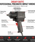 Professional Grade Half Inch Air Impact Wrench Boasting Dual Hammer Action and Stepless Speed Trigger, showing controls and features.