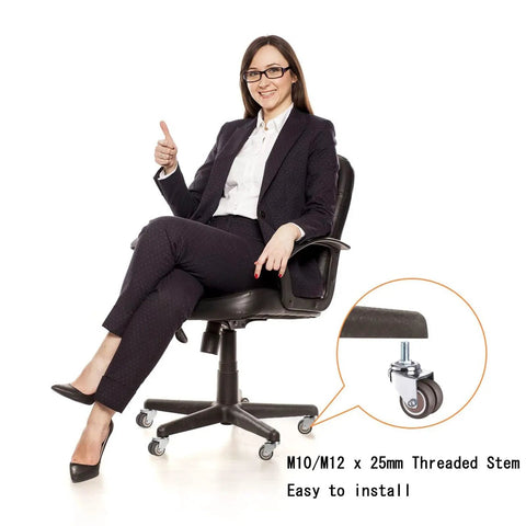 Swap Old Office Chair Wheels With This Set Of Five Slick Dual Wheel Casters That Roll Smooth And Silent On Wood Or Carpet Featuring Secure Threaded Stems For Easy Swapping. A woman sitting in a black office chair with dual wheel casters.