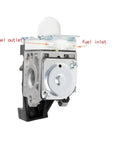 Front view of SRM 225 Carburetor Replacement For Echo Weed Eater Trimmer With Air Filter Case Cover And Fuel Line Tune Up Kit Zama RB K93 Compatible And Echo A021001690 A021001691 A021001692 showing fuel inlet and outlet.