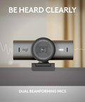 Game Changing 4K Webcam Built For Seamless Hustle Ready Video Calls Optimized For Teams Zoom Google Meet With Zero Friction Remote Setup And Hassle Free Usb Plug In Graphite displaying dual beamforming mics.