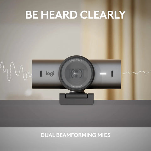 Game Changing 4K Webcam Built For Seamless Hustle Ready Video Calls Optimized For Teams Zoom Google Meet With Zero Friction Remote Setup And Hassle Free Usb Plug In Graphite displaying dual beamforming mics.