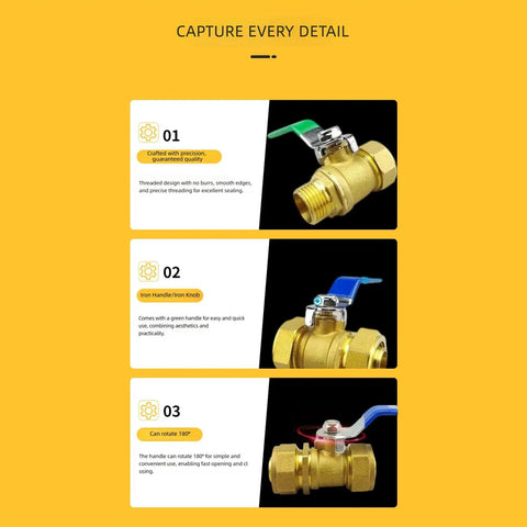 Heavy Duty Brass Ball Valve With Compression Fitting For Aluminum Composite Pipe showcasing threading, green handle, and 180° rotation.