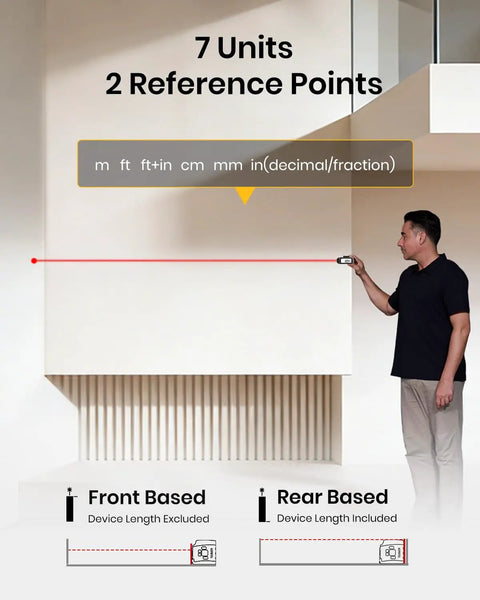 Man using 2-In-1 Digital LCD Tape Measure With 16-Foot Tape, USB Rechargeable Quick Data Display, accurate measuring shown on wall.