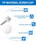White Plastic Screw Covers For M4 Screws 100 Pack Dome Caps With Rubber Gaskets on PP Material, highlighting rust prevention and insulation.