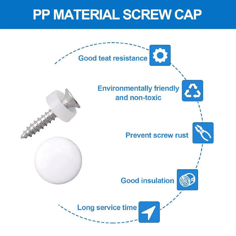 White Plastic Screw Covers For M4 Screws 100 Pack Dome Caps With Rubber Gaskets on PP Material, highlighting rust prevention and insulation.
