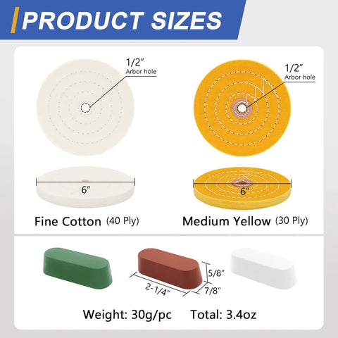 6 Inch Buffing Polishing Wheel Kit With Half Inch Arbor For Bench Grinder Pro Grade Fine 40 Ply And Medium 30 Ply Wheels Plus 3.4 Oz Polishing Compound Set product size details