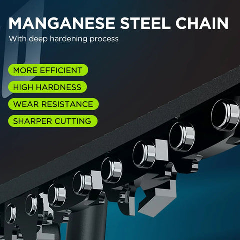 Manganese steel chain detail of Powerful 60V 18-Inch Cordless Chainsaw With Dual 6.0Ah Batteries and Charger.