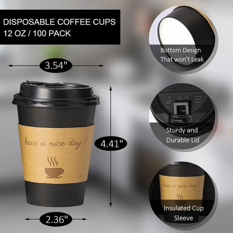 100 Pack 12 Oz Thickened Coffee Cups With Lids Sleeves And Straws For To Go Coffee At Home Office Cafes And Parties Black 12 Oz Cups Bundle Perfect For Grab And Go Convenience