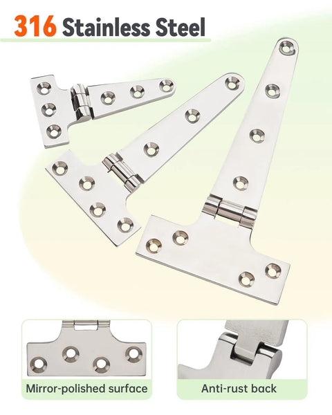 316 Stainless Steel T Hinges 6 By 3 In Built To Last Heavy Duty Marine Grade Door Hinges That Resist Rust With Mirror Polish Finish Weatherproof For Coastal Use And Harsh Environments, mirror-polished 316 stainless T hinges