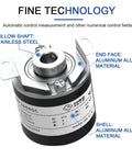 Front view of 38mm Incremental Rotary Encoder With 8mm Half Hollow Shaft Optical Switch And Pro Grade High Resolution PPR Options 10 1024 1800 2500 3600 5 To 24V DC Pulse Drive Output, showing stainless steel shaft and aluminum alloy housing.