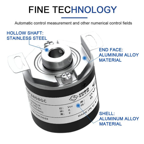 Front view of 38mm Incremental Rotary Encoder With 8mm Half Hollow Shaft Optical Switch And Pro Grade High Resolution PPR Options 10 1024 1800 2500 3600 5 To 24V DC Pulse Drive Output, showing stainless steel shaft and aluminum alloy housing.