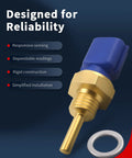 Close-up of VEHICODE engine coolant temperature sensor: blue plastic connector, brass threaded body, and gray O-ring.