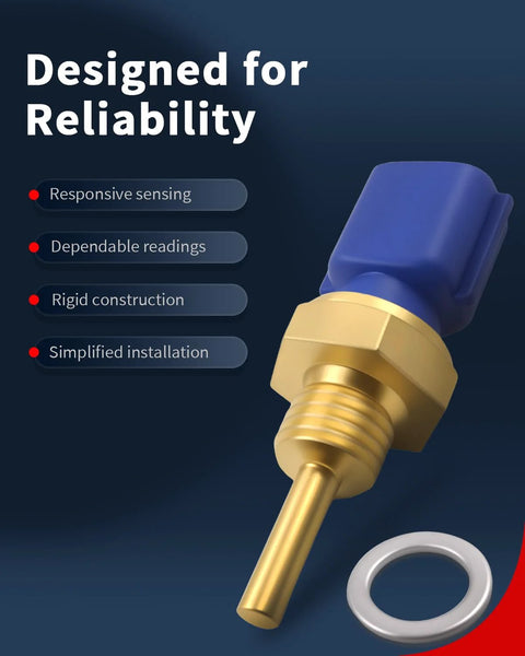 Close-up of VEHICODE engine coolant temperature sensor: blue plastic connector, brass threaded body, and gray O-ring.