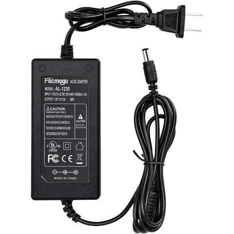 Front view of Workhorse 12V 3A Power Adapter for Low Power Devices, 100 To 240V AC Input To DC 12V 36W Desktop Supply With 5.5x2.5mm and 5.5x2.1mm Barrel Connectors, Safe Plug In Transformer showing cord and plug.