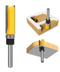 Pro Grade 4 Piece Flush Trim Router Bit Set With Top Bearing Quarter Inch Shank demonstrated in wood cutting