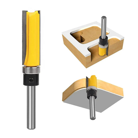 Pro Grade 4 Piece Flush Trim Router Bit Set With Top Bearing Quarter Inch Shank demonstrated in wood cutting