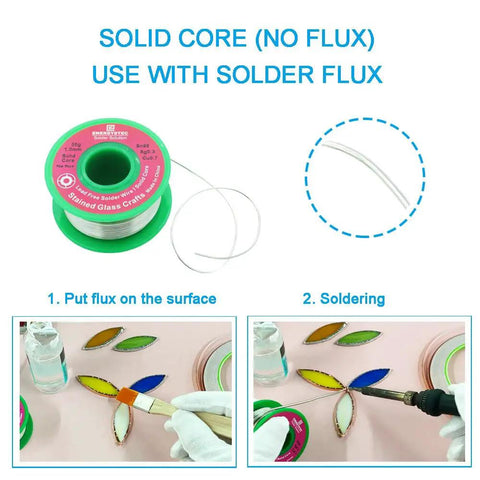 Stained Glass Solder Wire 1.0mm Solid Core Lead Free Without Flux Core 50g Craft Solder shown with application steps.