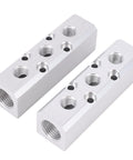 Aluminum Air Manifold 3 Way 5 Port Pneumatic Block Splitter With One Quarter Inch NPT Output And One Half Inch NPT Input in silver