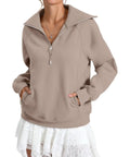 Oversized Fleece Lined Half Zip Sweatshirt With Pocket For Cozy Warmth And Comfort, Long Sleeve Pullover in coffee gray.