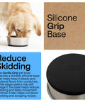 Stainless Steel Dog Bowls With Non Slip Rubber Base Built To Last Food Grade 304 Heavy Duty Each Holds Four Cups Or Thirty Two Fluid Ounces Dishwasher Safe Rust Resistant BPA Free Great For Dogs And Cats Set Of Two Black, shown with dog using bowl and silicone grip base details.