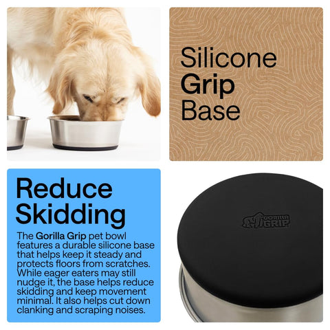 Stainless Steel Dog Bowls With Non Slip Rubber Base Built To Last Food Grade 304 Heavy Duty Each Holds Four Cups Or Thirty Two Fluid Ounces Dishwasher Safe Rust Resistant BPA Free Great For Dogs And Cats Set Of Two Black, shown with dog using bowl and silicone grip base details.