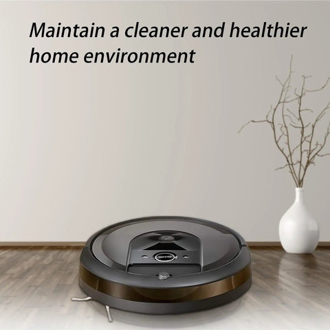 Roomba vacuum on wooden floor beside vase, text "Maintain a cleaner and healthier home environment" visible.