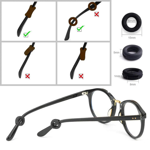 12 Pairs Silicone Eyeglasses Retainers Anti Slip Glasses Temple Holders Stay Put Stoppers For Sports And Study With Four Design Options In Black Clear And Brown shown installed on glasses with size variations.
