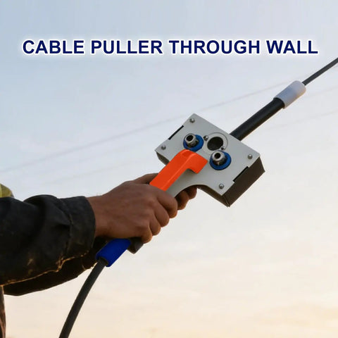 Compact Drill Powered Wire Puller Featuring Slick Conduit Fish Tape Grip Delivers No Sweat Wiring Performance For Home Renovation Tasks And Professional Electrical Projects Supporting Cables Up To Point Two Three Inches, hand holding tool.
