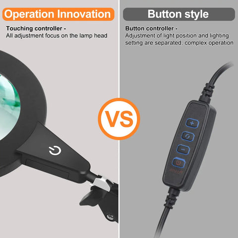 Touch control feature of 8X Real Glass Magnifying Glass With Light And Stand versus traditional button style.