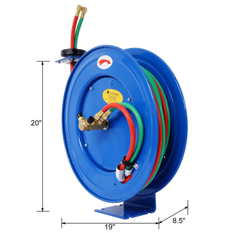 Retractable Welding Hose Reel With One Quarter Inch By 50 Foot Twin Oxygen Acetylene Hoses Heavy Duty Industrial Steel Build Weather Resistant