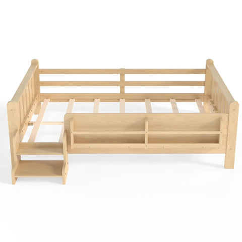 Toddler Floor Bed With Storage Bookcases And Easy Access Stairs Safe Guardrails All Around No Box Spring Needed Light Natural Finish
