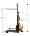 This Semi Electric Pallet Stacker Is A Total Badass For Your Warehouse, showcasing 118 inch lift height and detailed measurements.