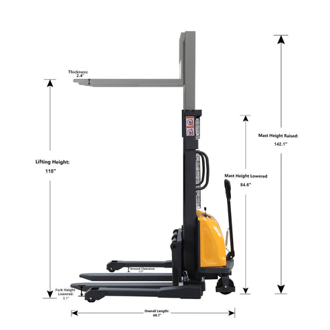 This Semi Electric Pallet Stacker Is A Total Badass For Your Warehouse, showcasing 118 inch lift height and detailed measurements.