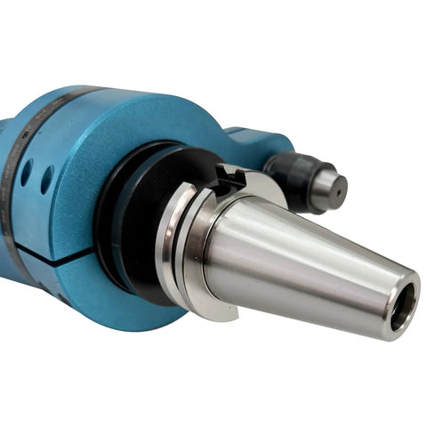 Top Shelf Cat40 To Er32 90 Degree Angle Head Vmc Spindle Adapter with silver and blue finish, designed for precision machining.