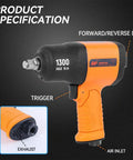 Badass Half Inch Air Impact Wrench Cracks Open Nasty 958 Ft Lbs Torque For Real Auto Work shows trigger, exhaust, and air inlet detail.