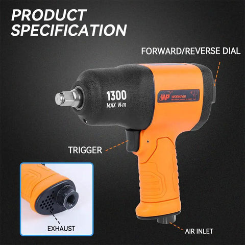 Badass Half Inch Air Impact Wrench Cracks Open Nasty 958 Ft Lbs Torque For Real Auto Work shows trigger, exhaust, and air inlet detail.