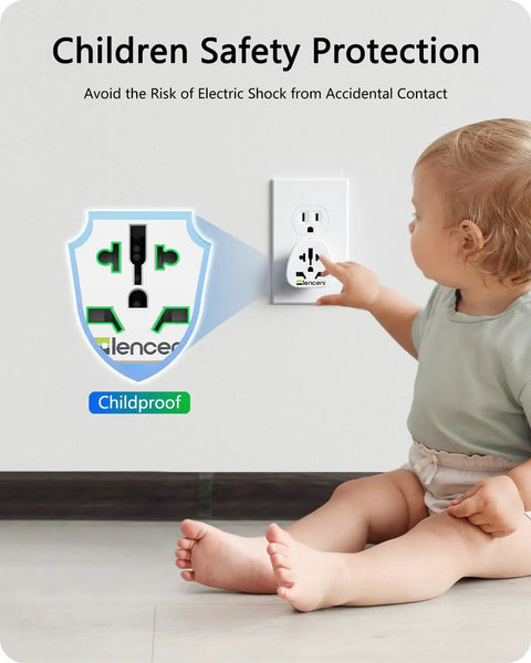 Childproof socket with safety shield featuring World To US Plug Adapter 2 Pack Universal Travel Power Converter.
