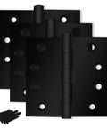 Heavy Duty Ball Bearing Door Hinges 4x4 Inch Set Of 3 Solid Brass Matte Black Flat Finish For Heavy Doors Smooth Operation And Long Lasting Durability Built To Take A Beating For Residential And Commercial Use, displayed in stacked formation with screws